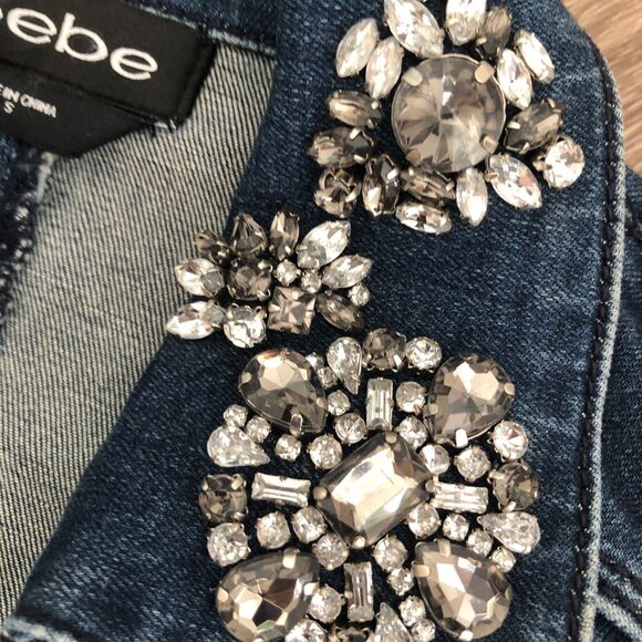 Bebe Rhinestone Embellished Stretchy Retro Y2K Denim‎ Moto Jacket Size S - Picture 13 of 14